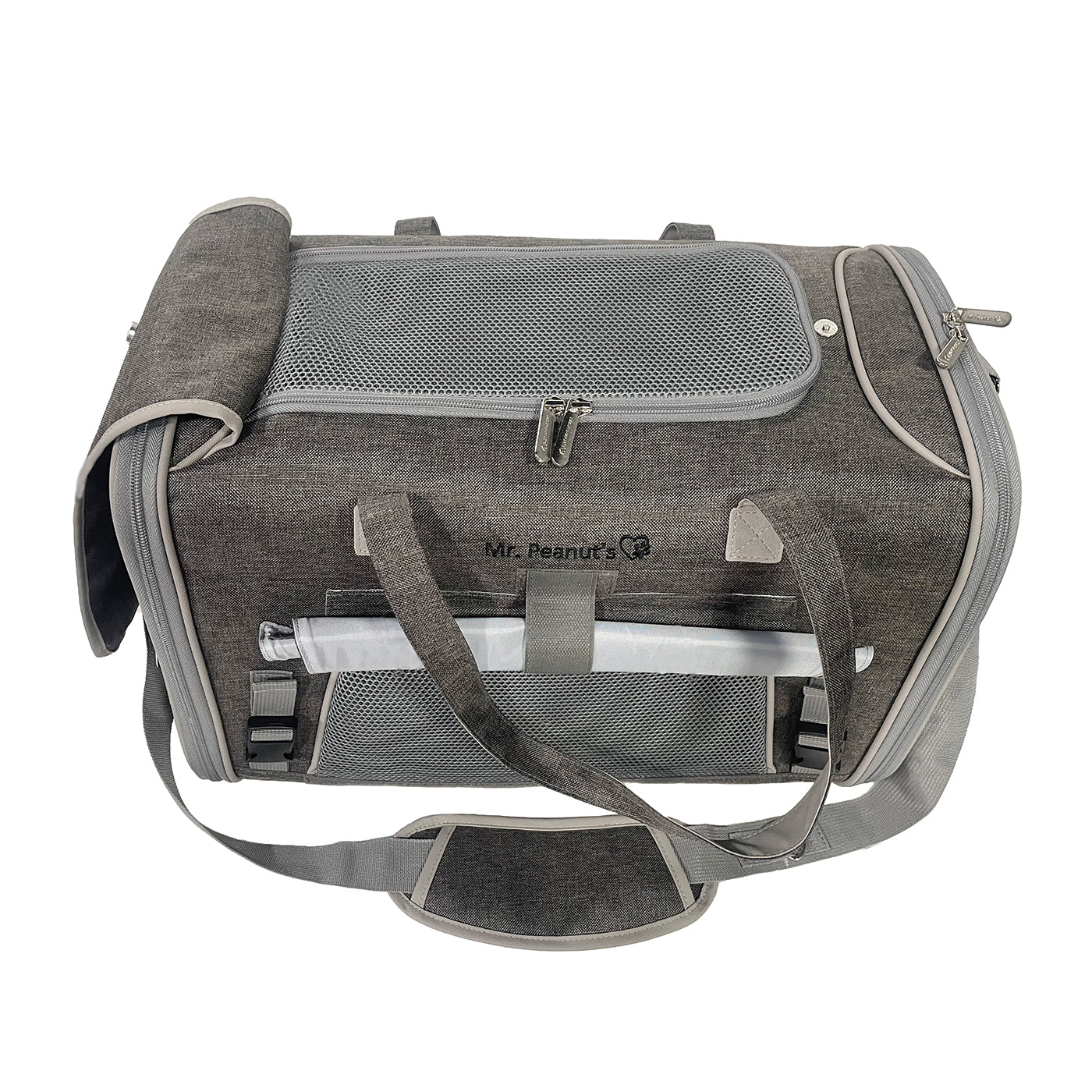 Gray pet carrier with a handle and mesh section on a white background