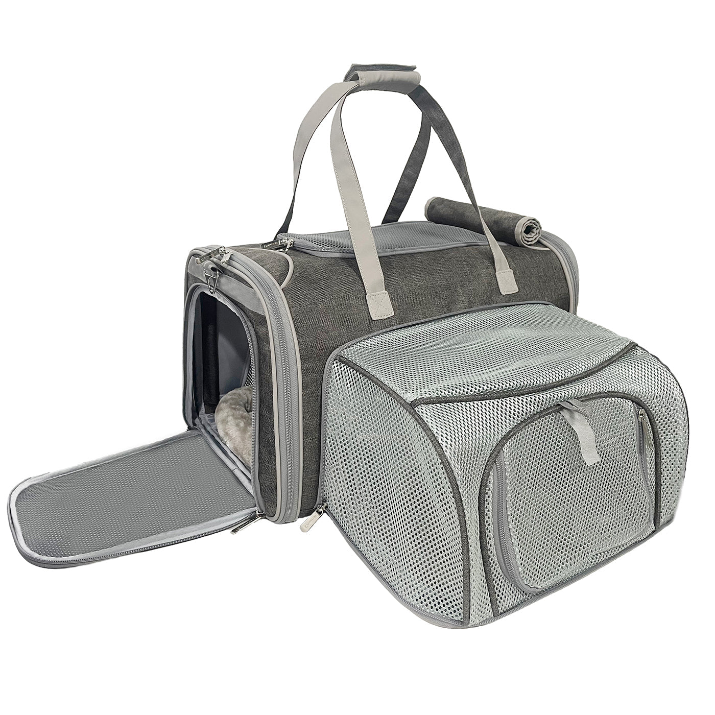 Gray pet carrier with mesh side on a white background