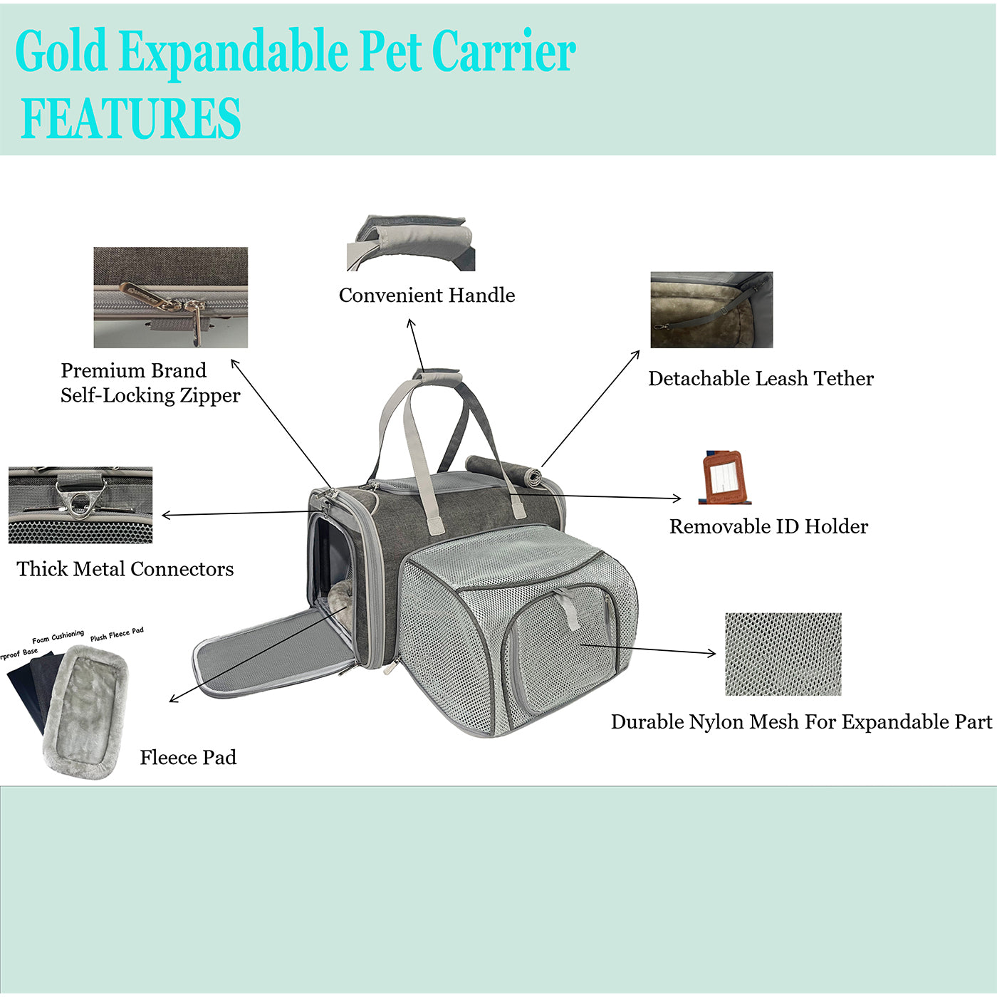 Gold Expandable Pet Carrier with features listed on a light blue background