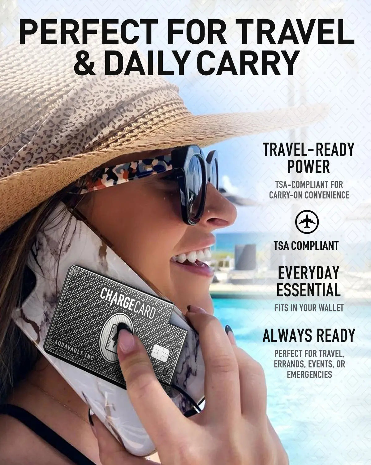 Woman holding a ChargeCard with travel and daily carry text overlay