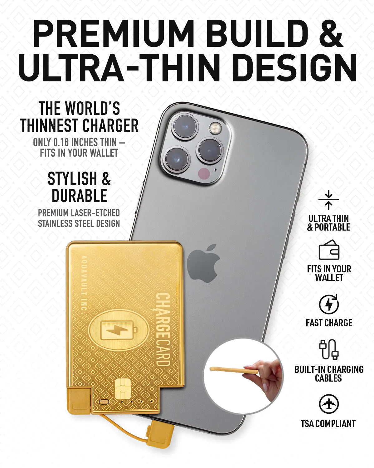 Gold charging card with smartphone, text highlighting features on a white background
