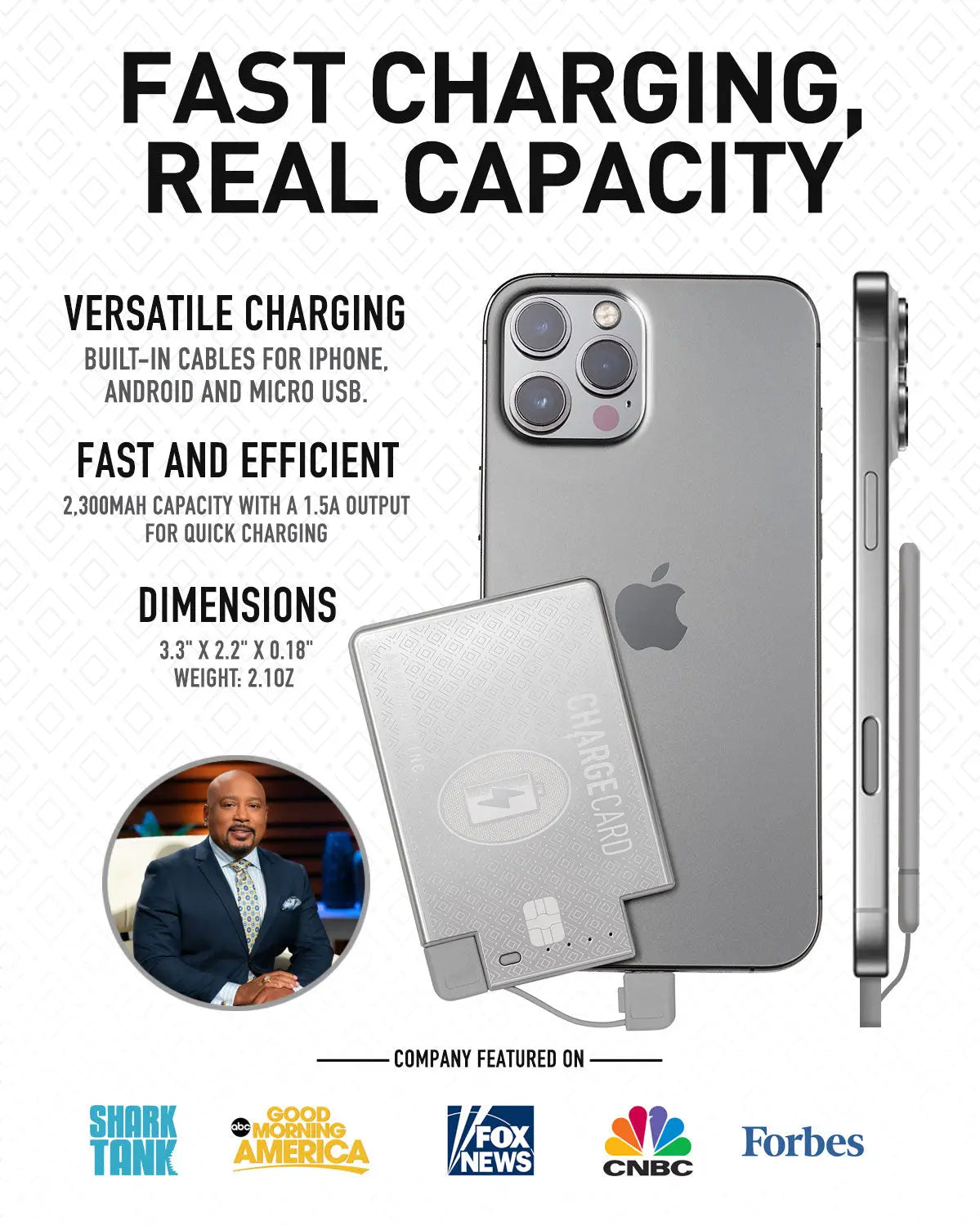 Product advertisement for a fast charging device with specifications and branding logos.