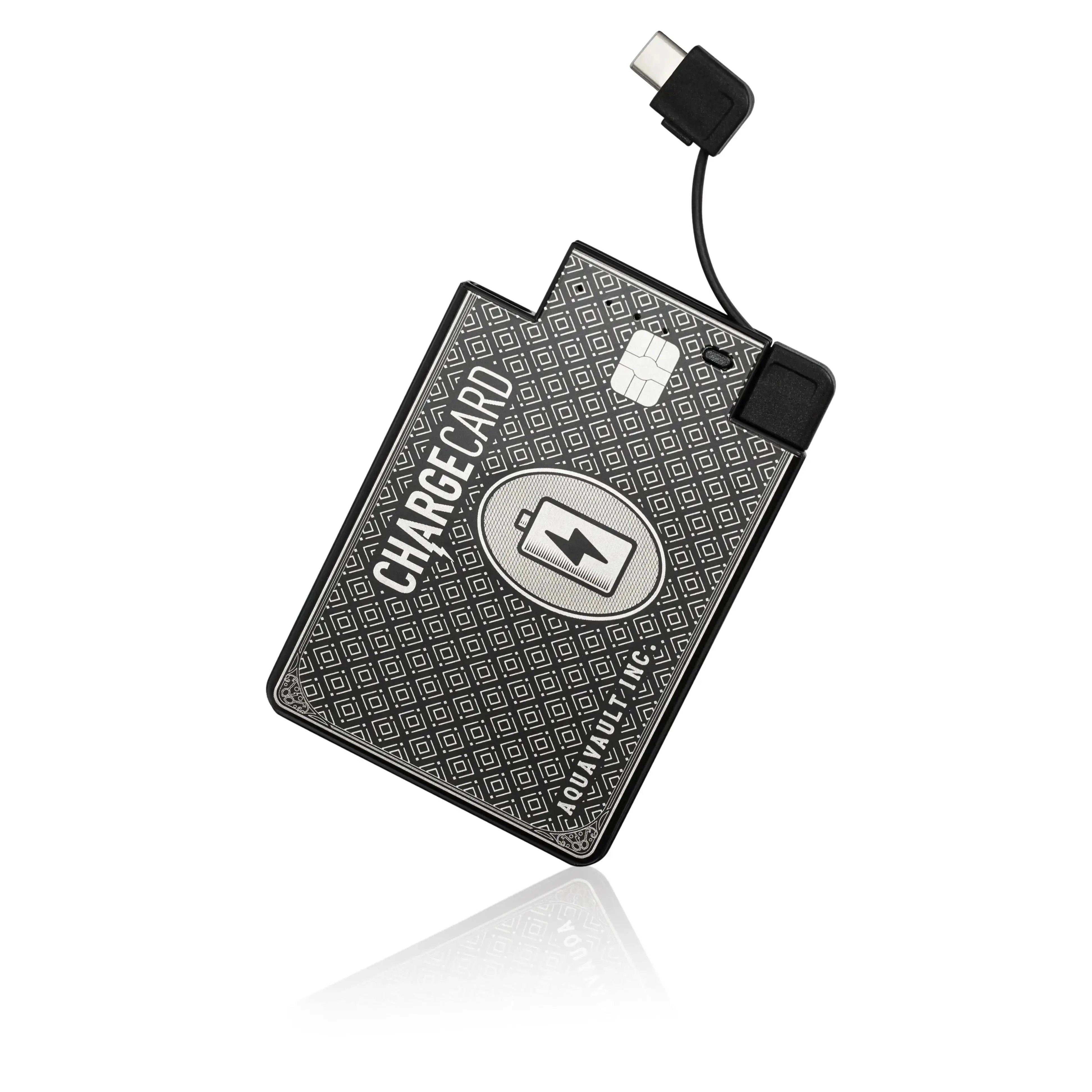 Card-shaped power bank with USB cable on a white background