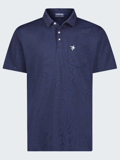 Navy blue polo shirt with a small logo on a white background
