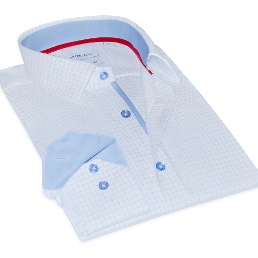 Folded light blue dress shirt with red inner lining on a white background