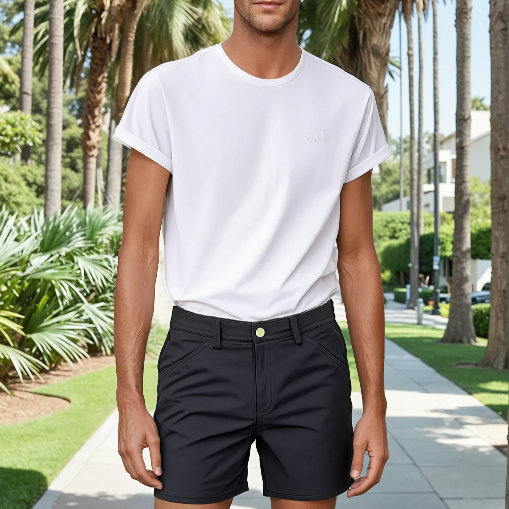Man wearing a white t-shirt and black shorts standing outdoors with palm trees in the background
