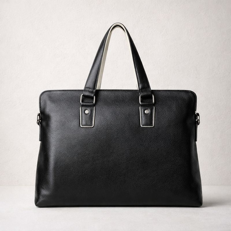 Black leather briefcase on a light gray background