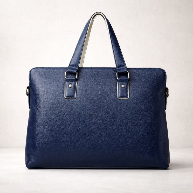 Blue leather briefcase on a light gray background