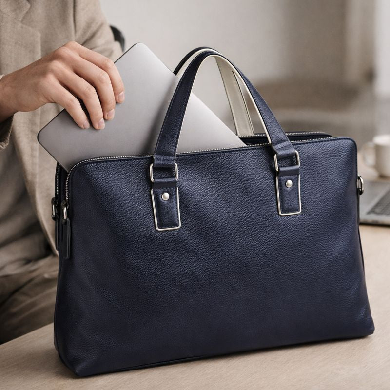 Person holding a blue leather briefcase with a laptop inside, sitting at a desk.