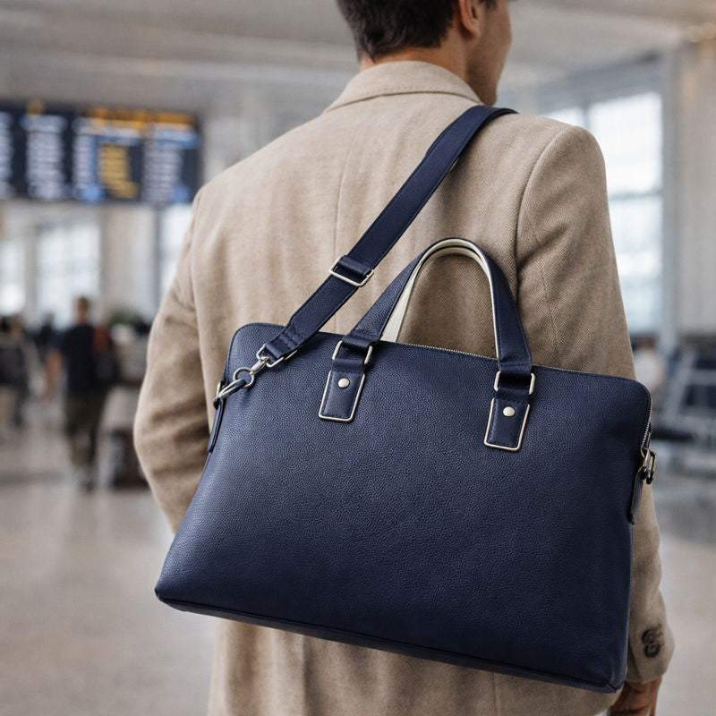 Man carrying a navy blue bag in an airport terminal