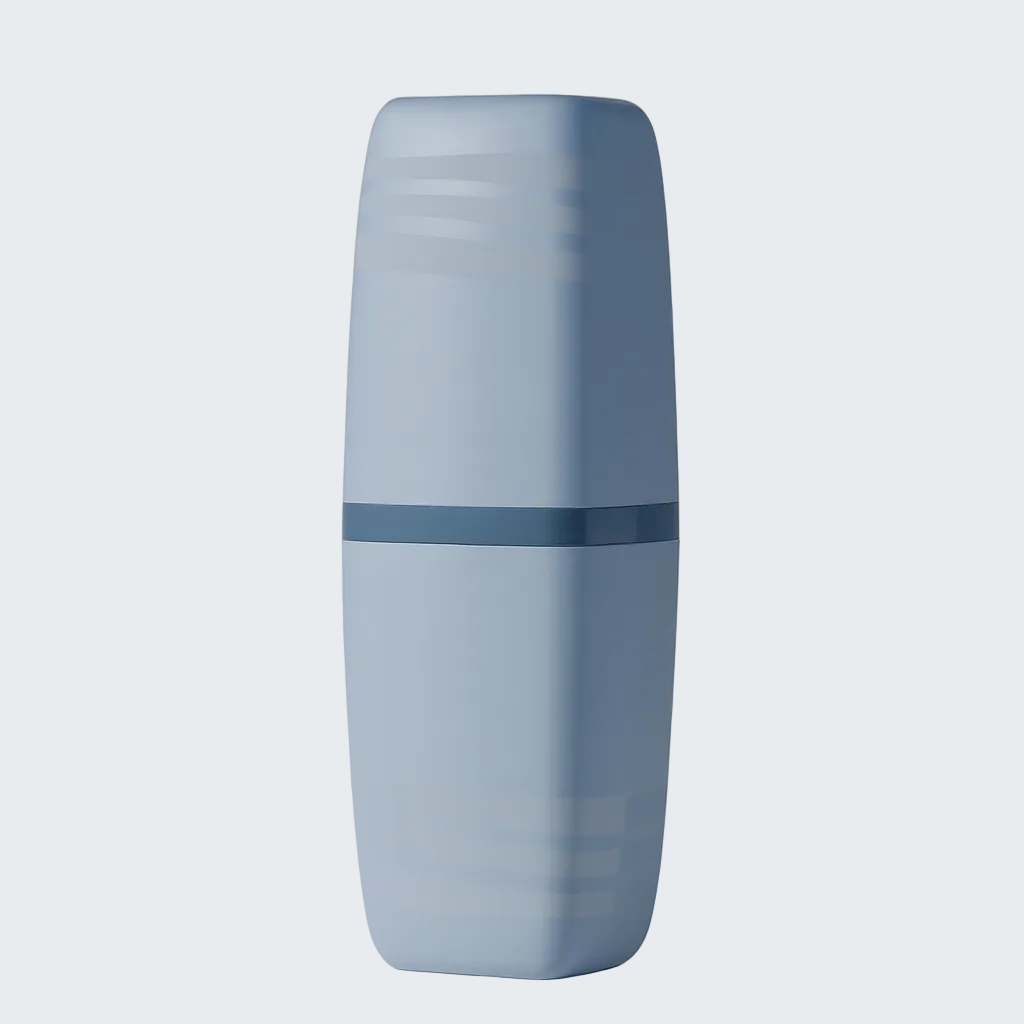 Blue cylindrical container with a band on a white background