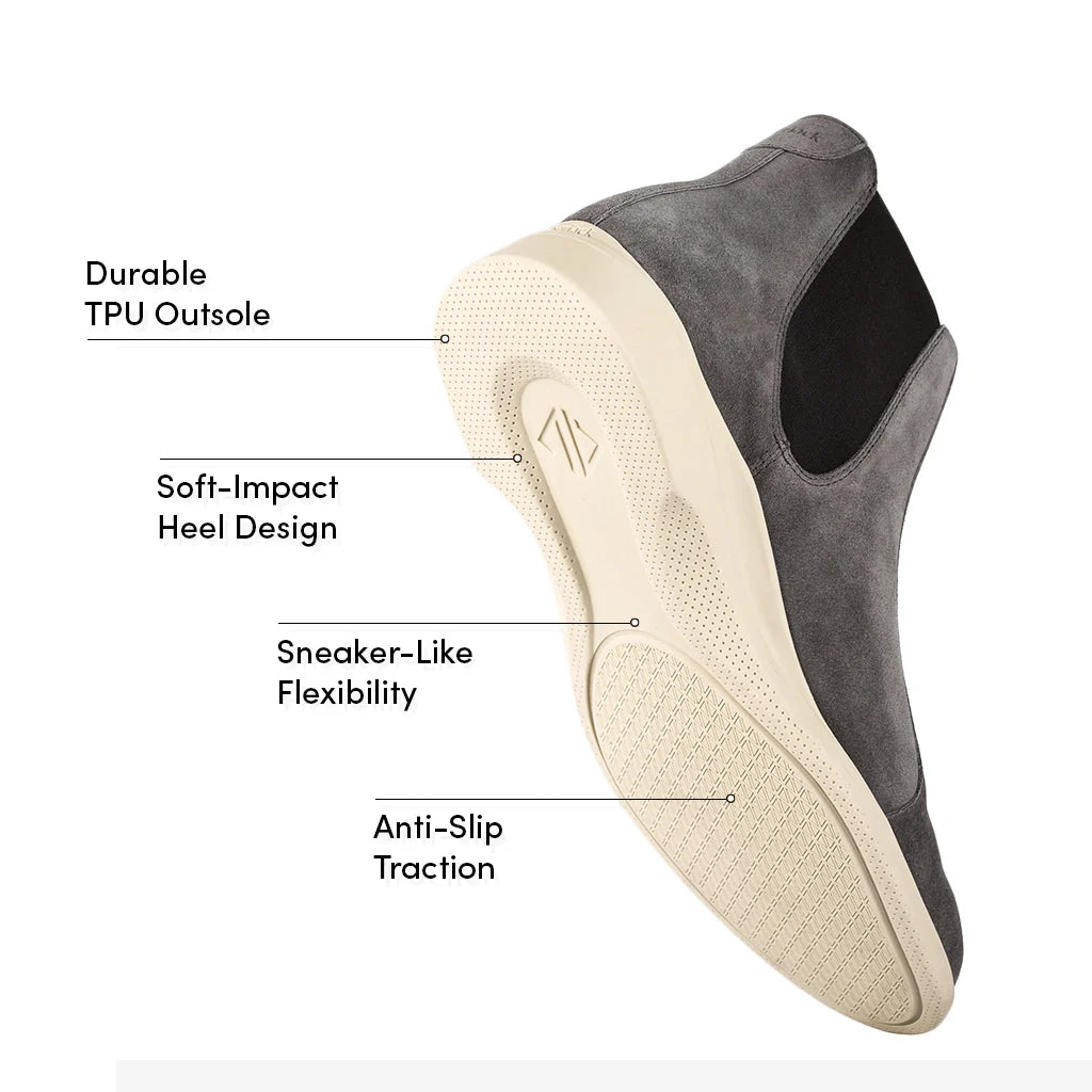 Gray shoe with features labeled on a white background