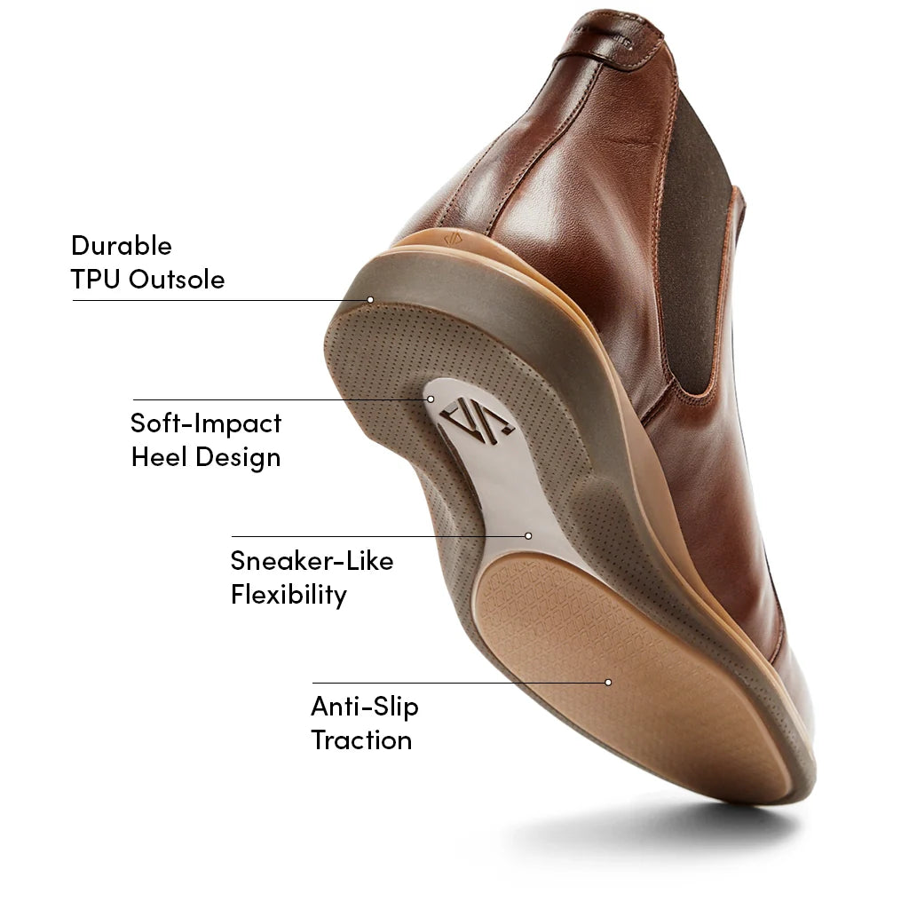 Brown shoe with labeled features on a white background