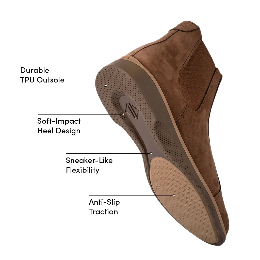 Brown shoe with labeled features on a white background