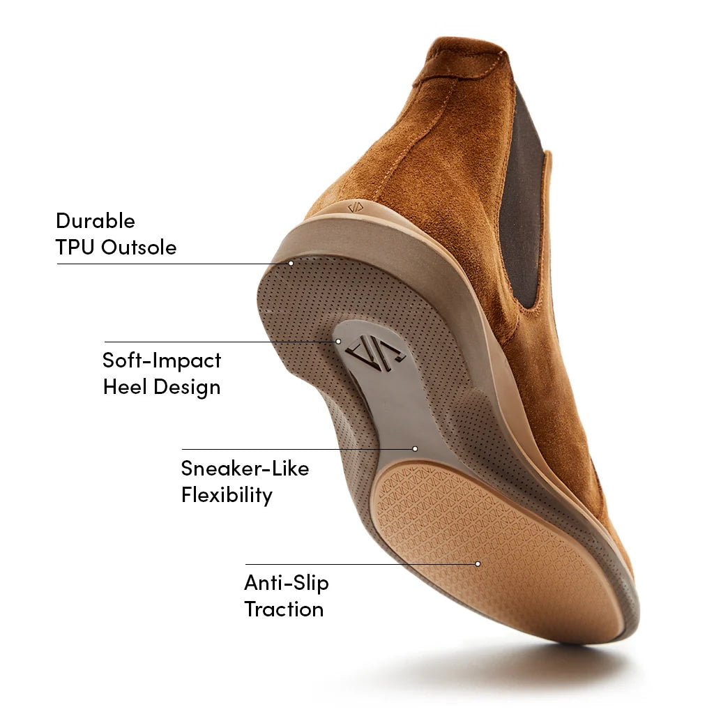 Brown shoe with labeled features on a white background