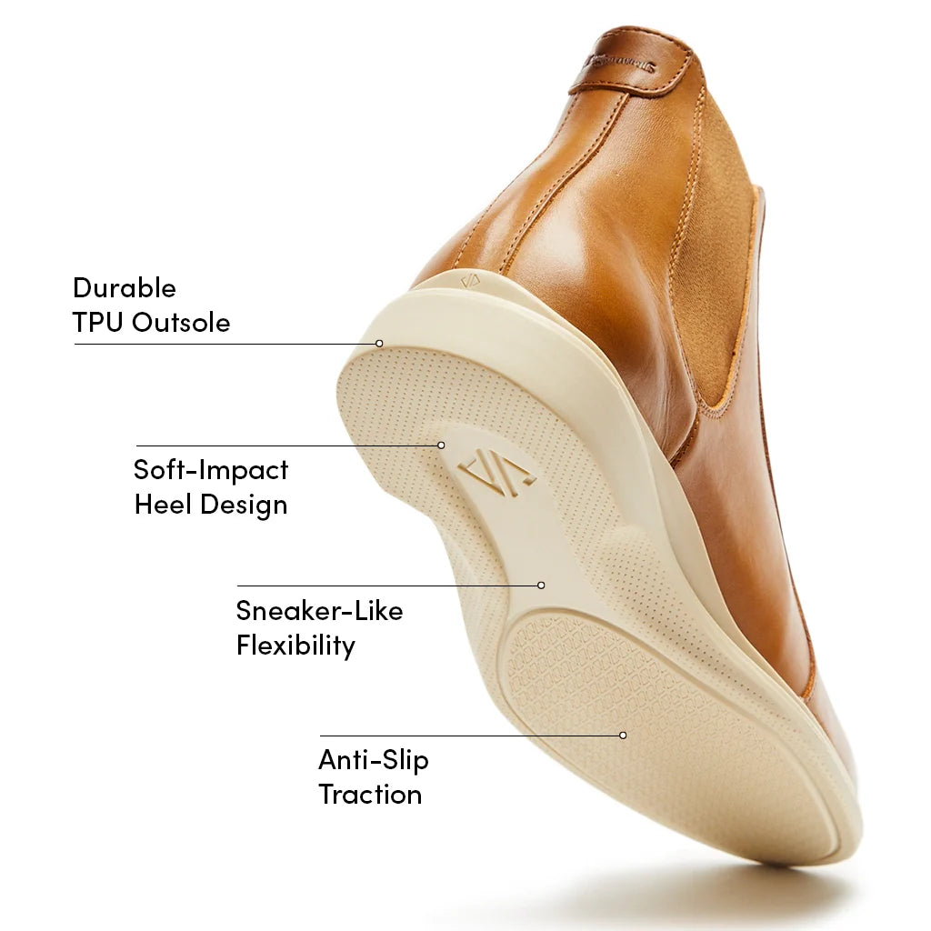 Brown shoe with labeled features on a white background