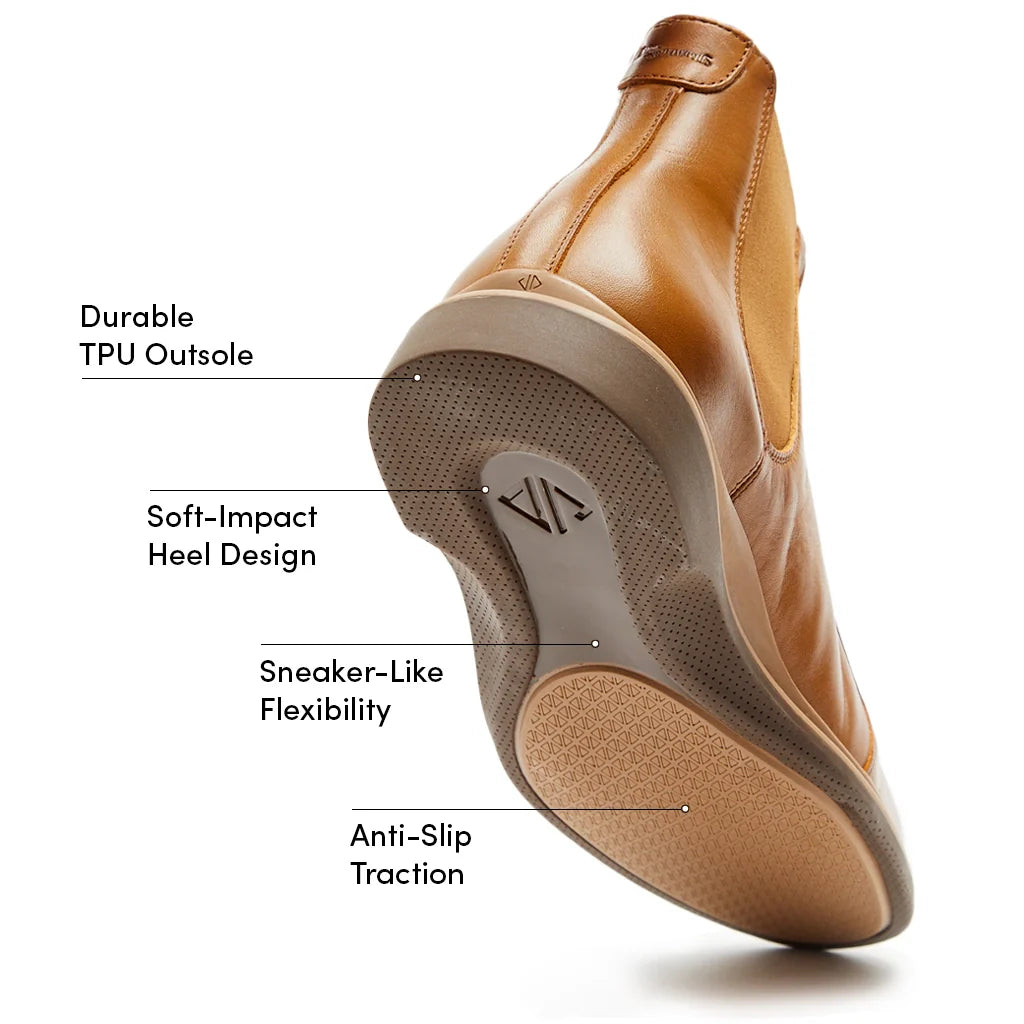 Tan shoe with labeled features on a white background