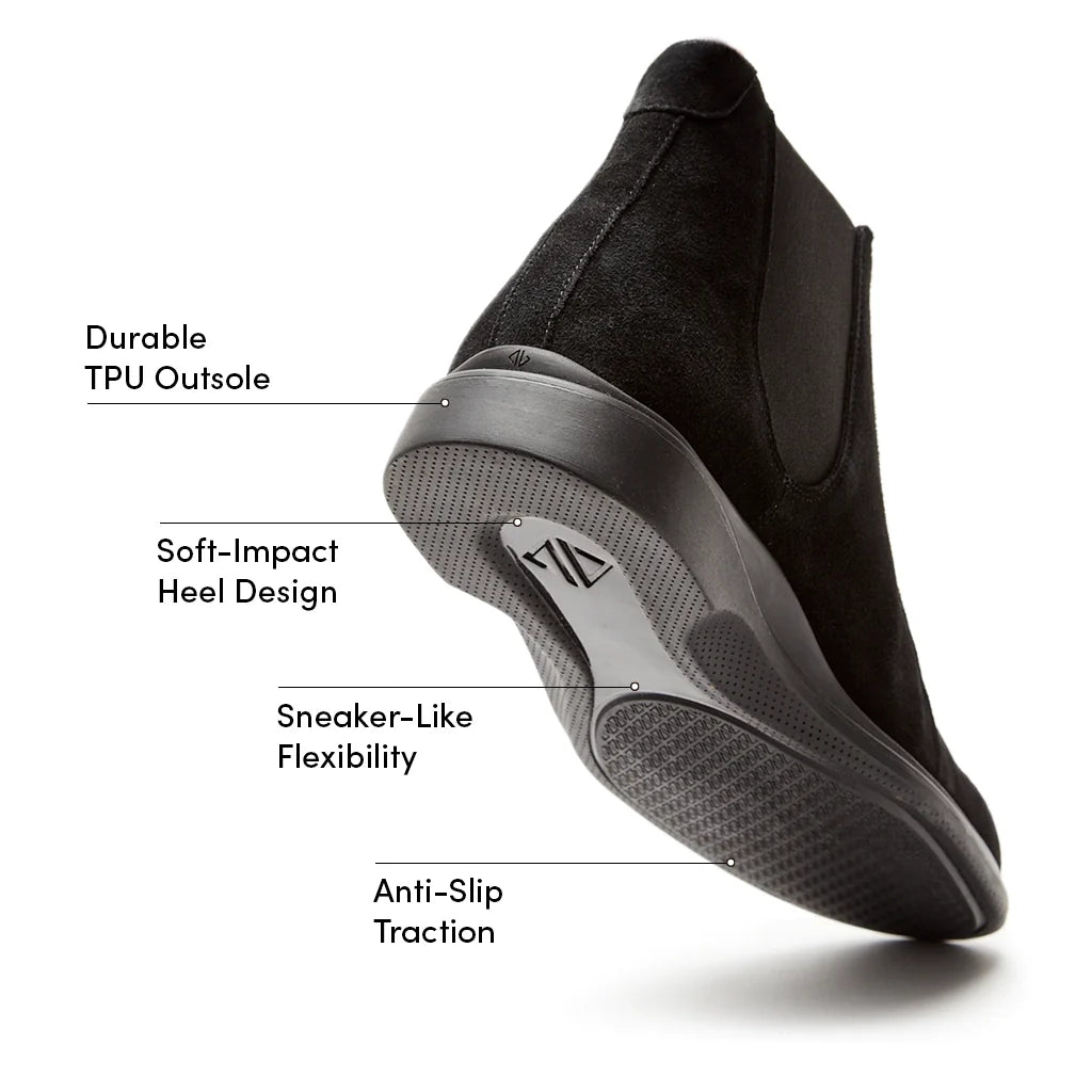Black shoe with labeled features on a white background
