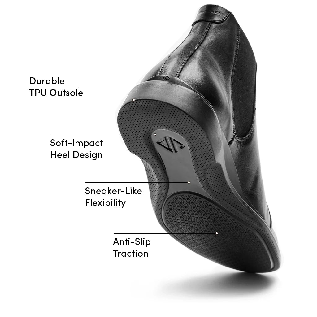 Black shoe with labeled features on a white background