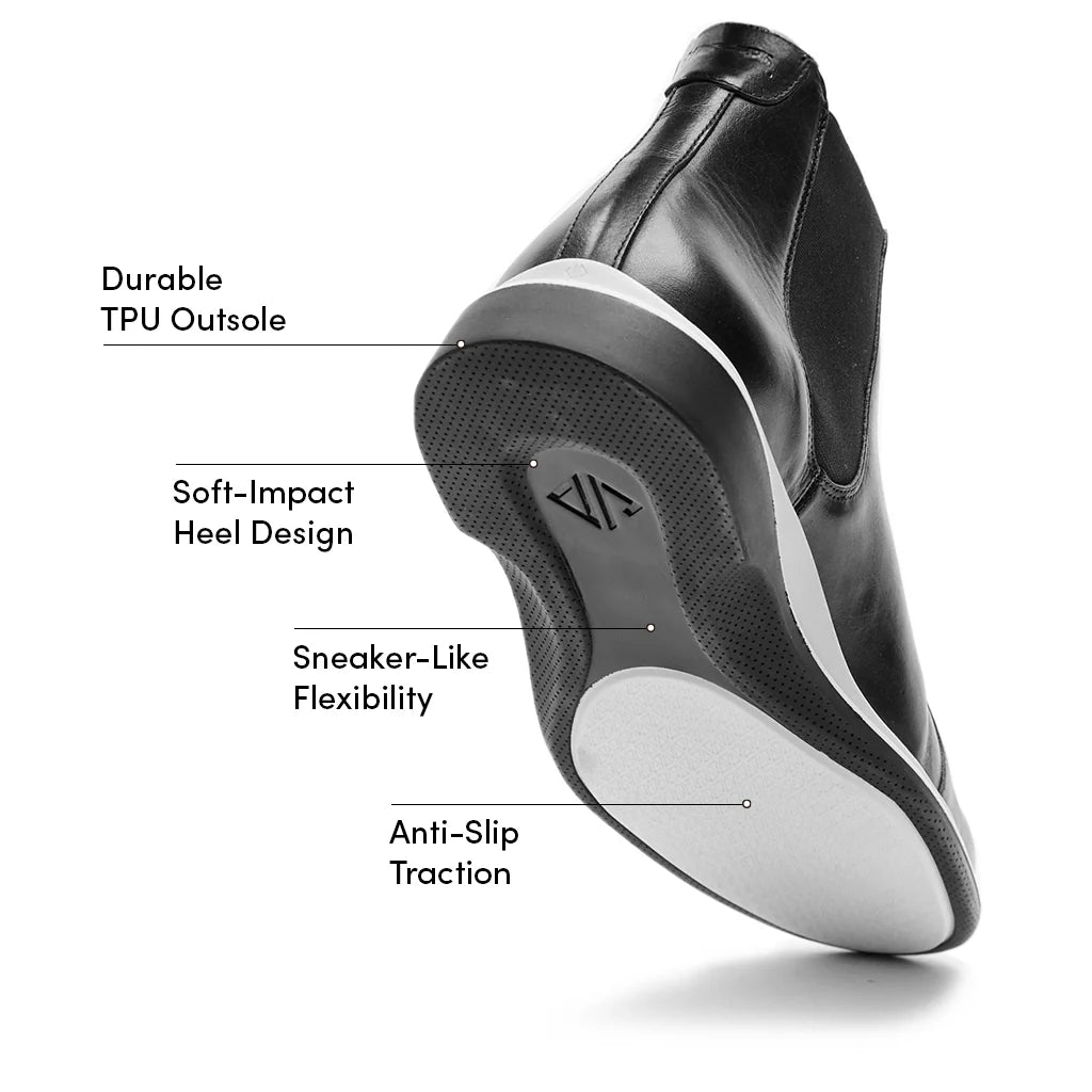 Black shoe with labeled features on a white background