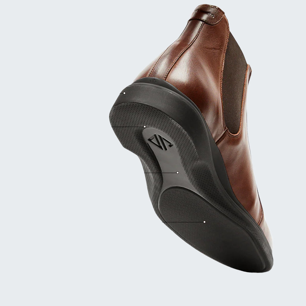 Brown shoe with labeled features on a white background