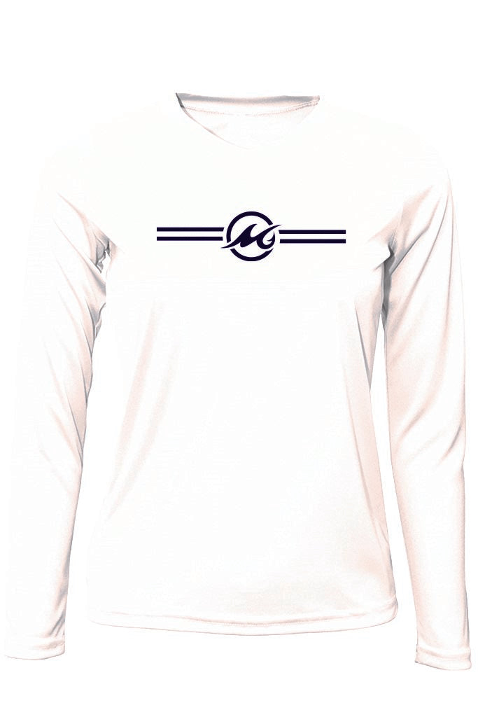 White long-sleeve shirt with a black logo on a white background