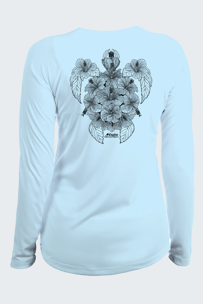Light blue long-sleeve shirt with black floral and bear design on a white background