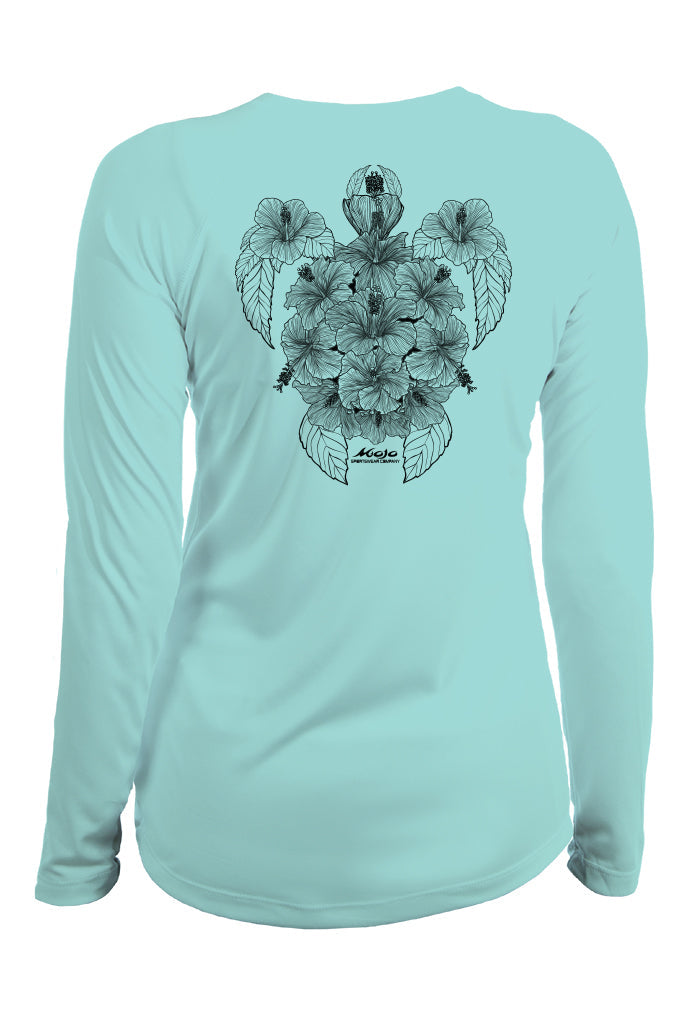 Mint green long-sleeve shirt with black floral design on a white background