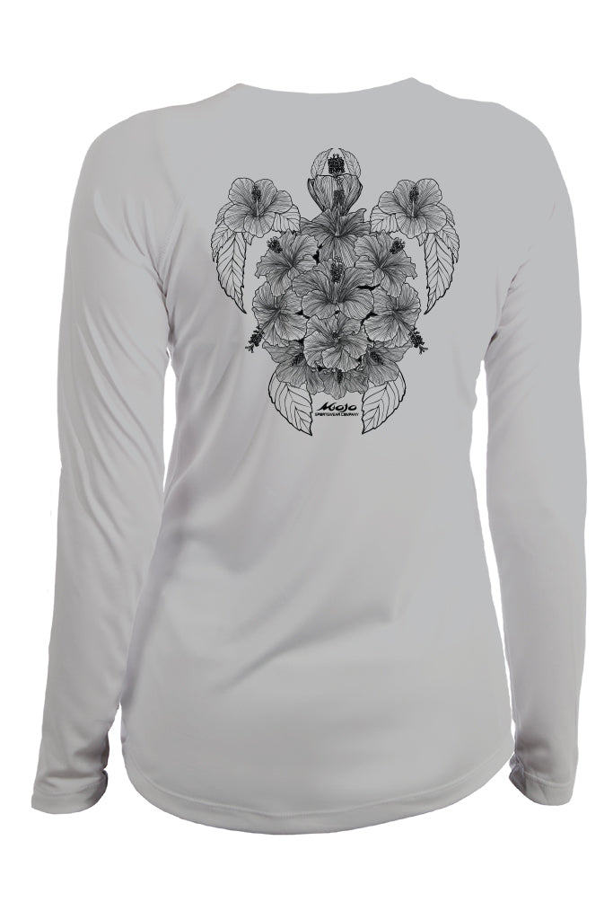 Gray long-sleeve shirt with black floral design on a white background
