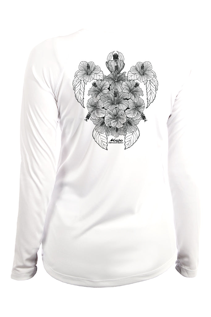 White long-sleeve shirt with black floral and bird design on a white background