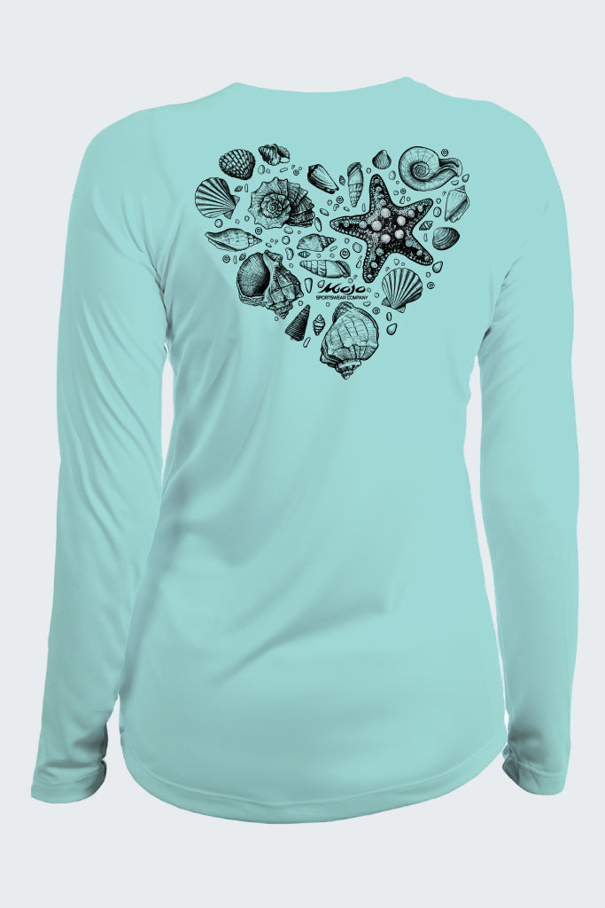 Light blue long-sleeve shirt with black sea-themed design on a white background