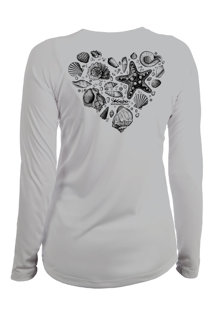 Gray long-sleeve shirt with black sea-themed design on a white background