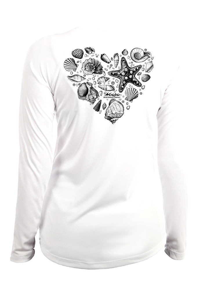 White long-sleeve shirt with black heart-shaped seashell design on a white background