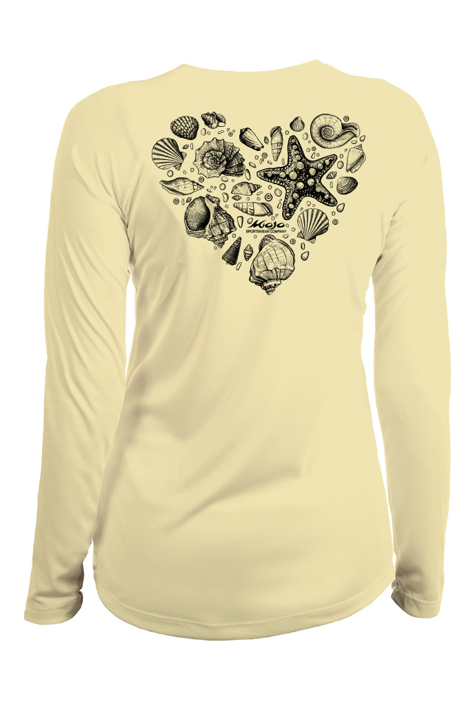 Beige long-sleeve shirt with black sea-themed design on a white background