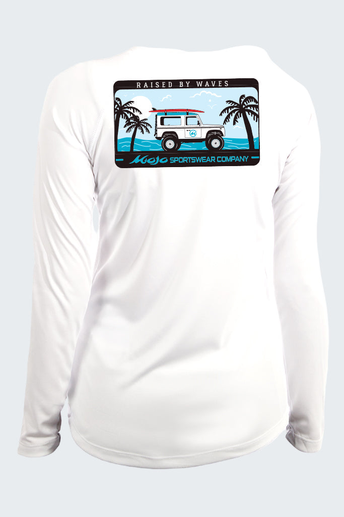 White long-sleeve shirt with a graphic of a van and palm trees on a white background