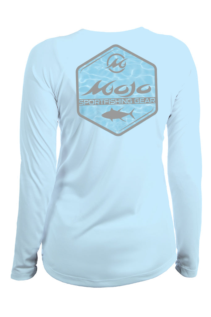 Light blue long-sleeve shirt with a logo on the back against a white background