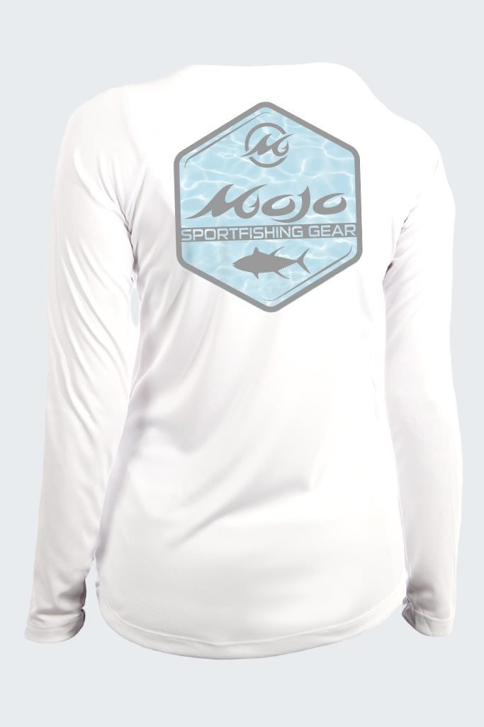 White long-sleeve shirt with a blue logo on the back, featuring the brand 'Mojo Sportfishing Gear'.