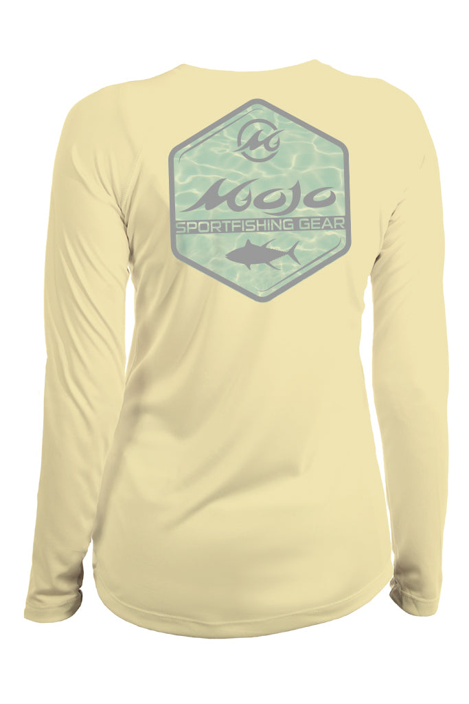 Yellow long-sleeve shirt with a graphic design on the back against a white background