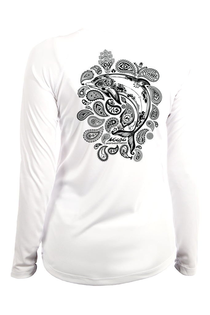 White long-sleeve shirt with black paisley design and text on a white background