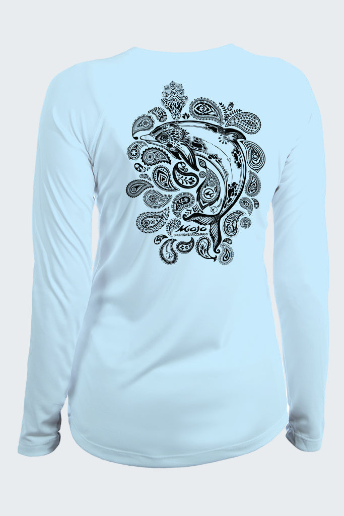 Light blue long-sleeve shirt with black paisley design on a white background