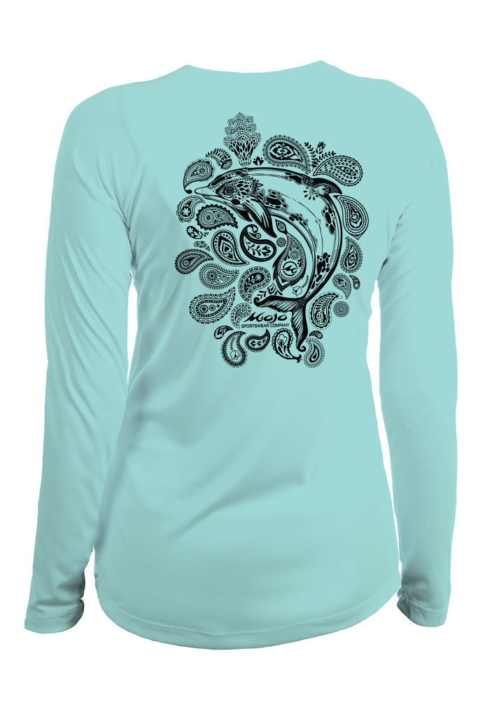 Light blue long-sleeve shirt with a black paisley design on the back against a white background
