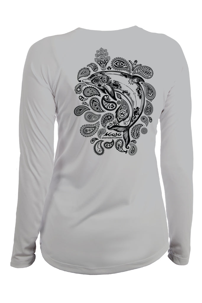 Gray long-sleeve shirt with black paisley design and 'Made in USA' text on a white background