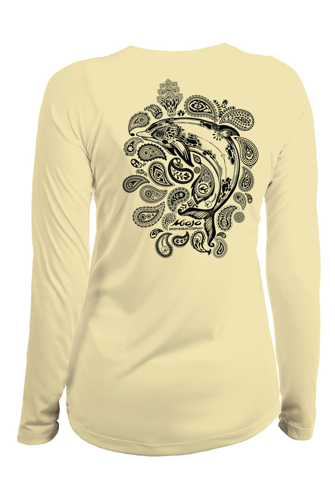 Beige long-sleeve shirt with black paisley design on the back against a white background