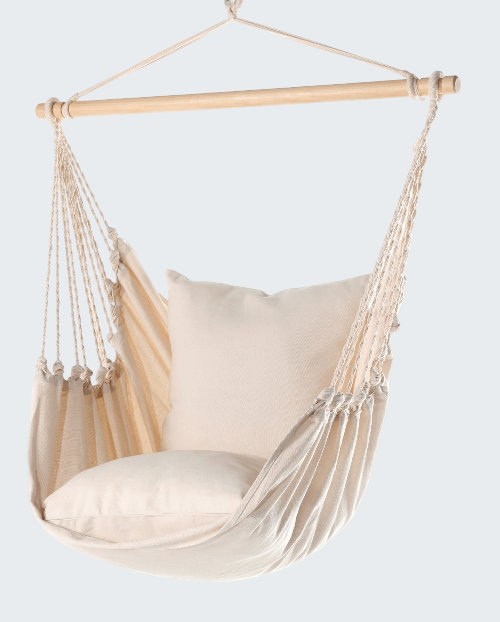 Beige hammock chair with cushions on a white background, featuring the Limbo Imports logo.