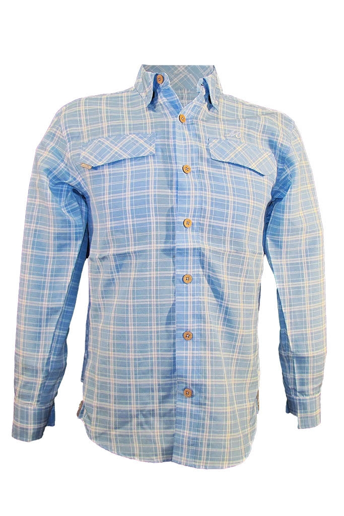 Blue plaid shirt with buttons on a white background