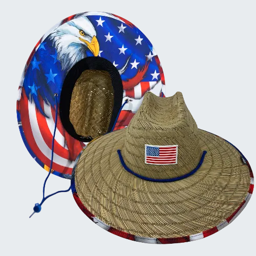Two hats with American flag designs, one featuring an eagle and the other a straw hat with a flag patch.