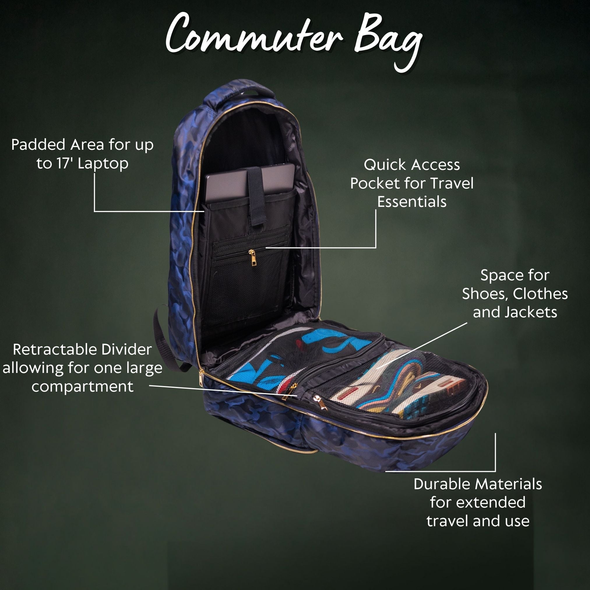 Commuter bag with features highlighted on a dark background
