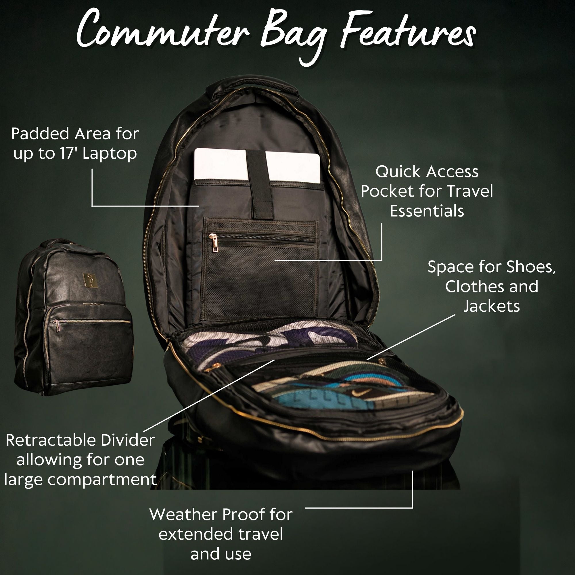Black backpack with features labeled on a dark background