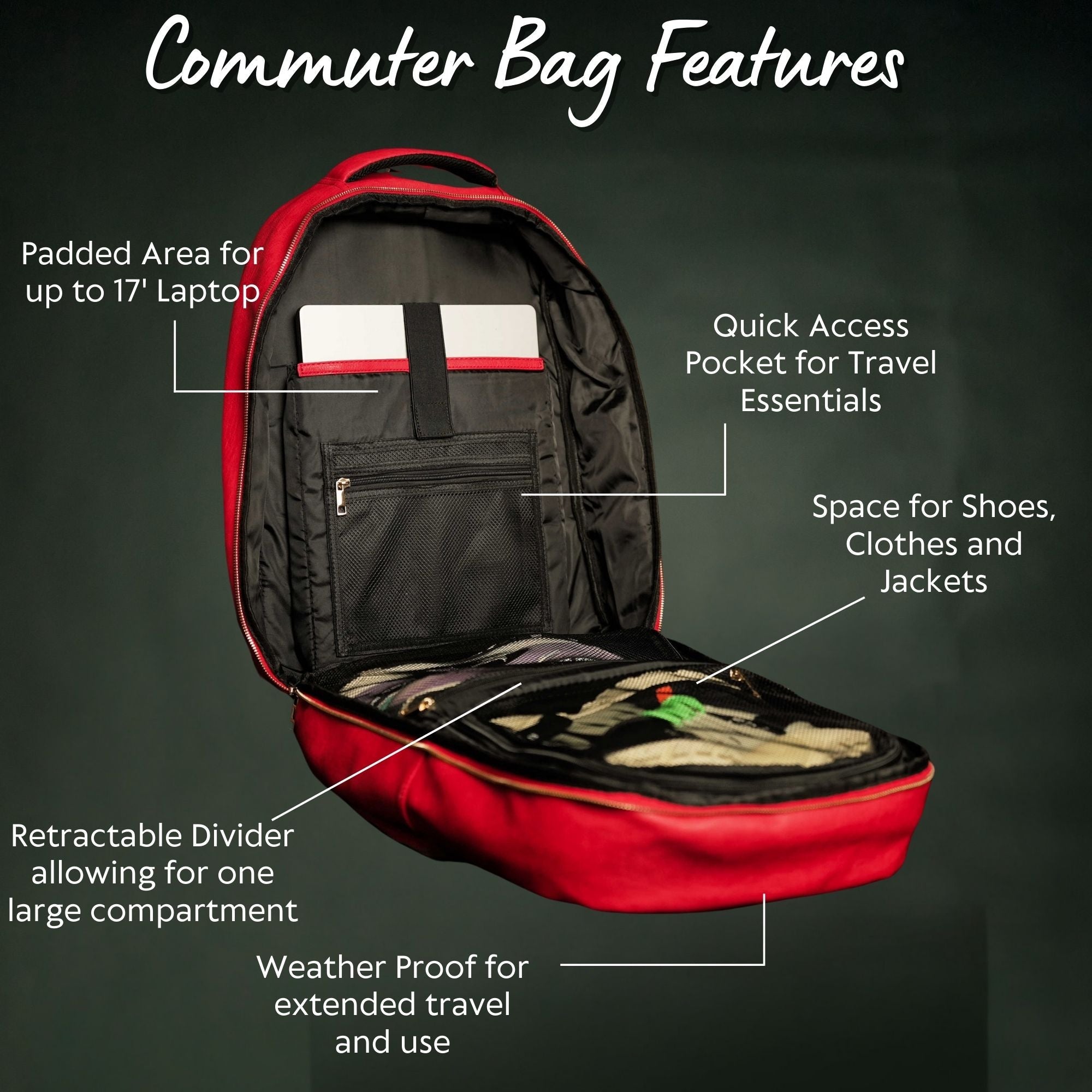 Red and black commuter bag with features highlighted on a dark background