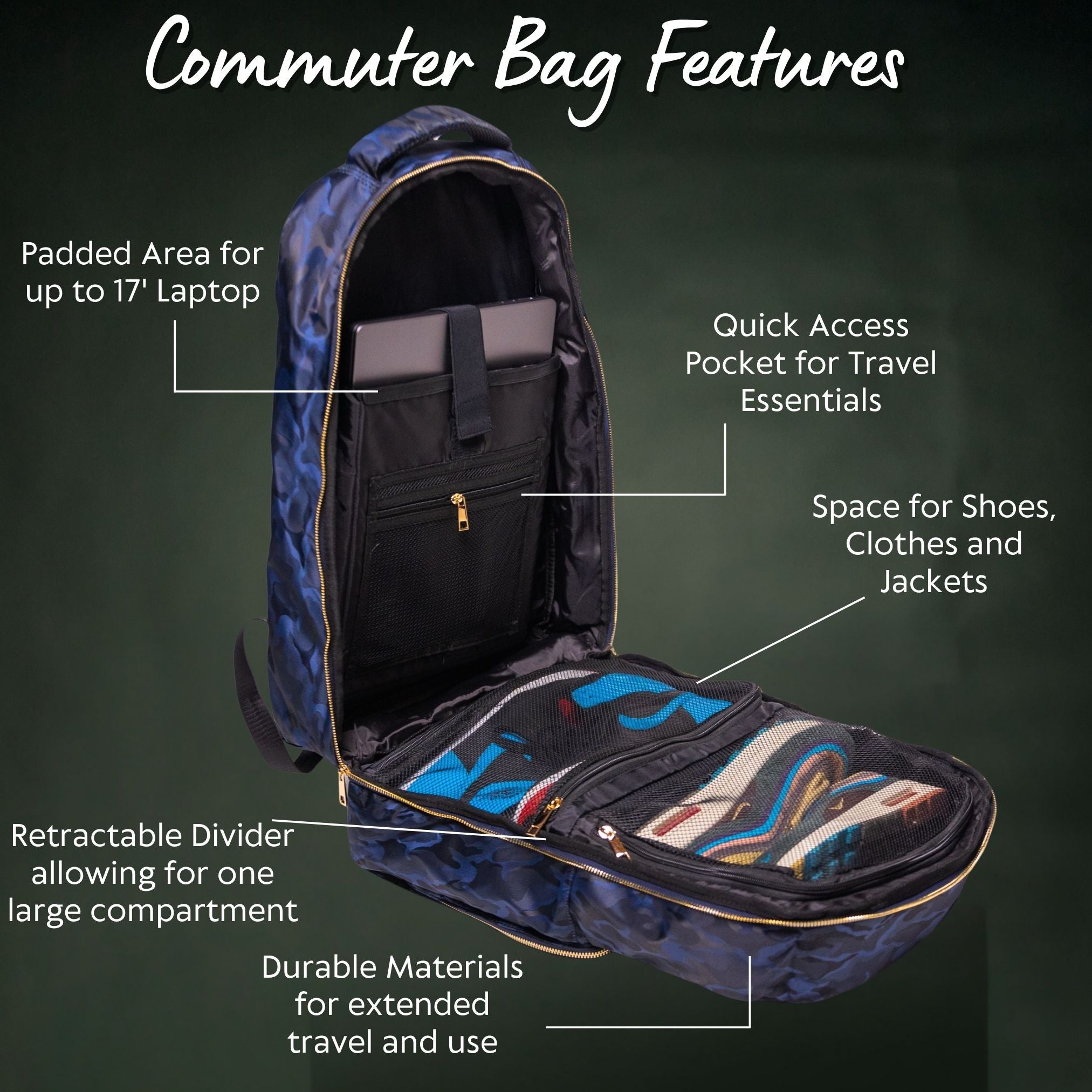 Commuter bag with features highlighted on a dark background